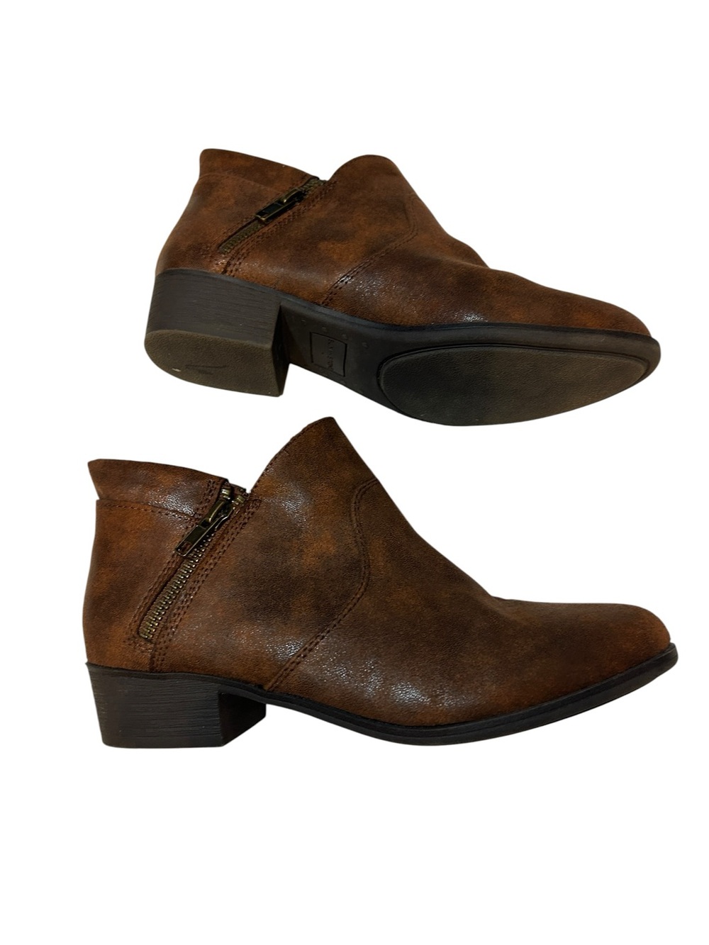 Sun + Stone Women’s Brown Faux Suede Ankle Booties Side Zip Block Heel Size 7